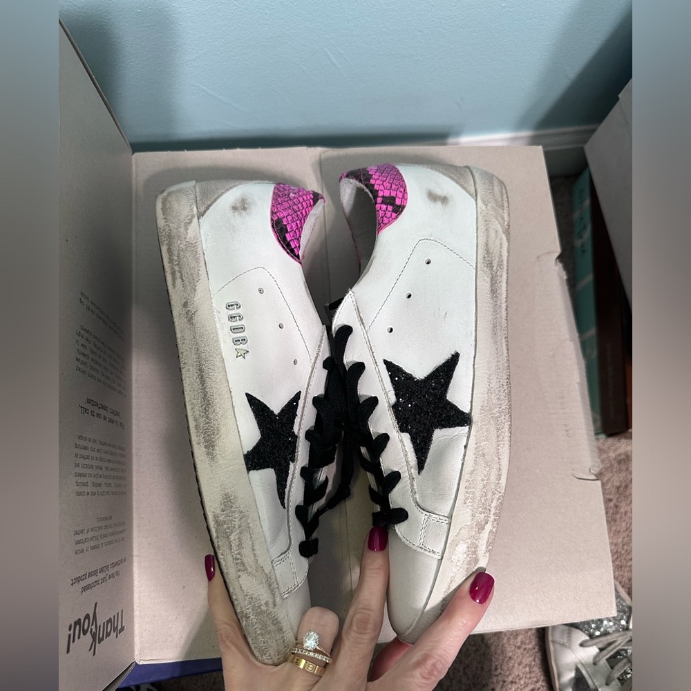 Golden goose superstars black glitter star w pink and black snakeskin heel Sz 40